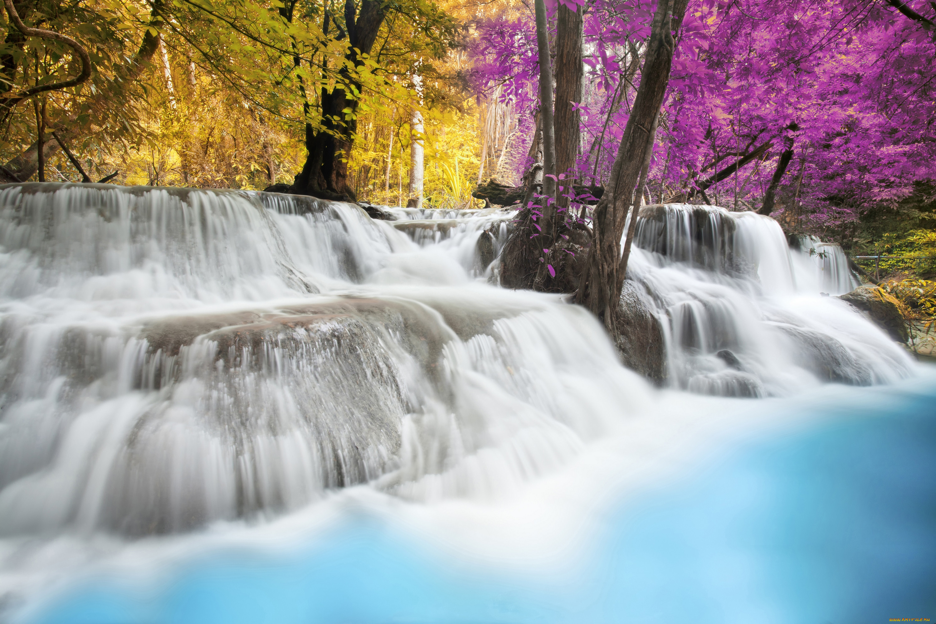 Обои Природа Водопады, обои для рабочего стола, фотографии природа,  водопады, деревья, голубой, водопад, осень Обои для рабочего стола, скачать  обои картинки заставки на рабочий стол.